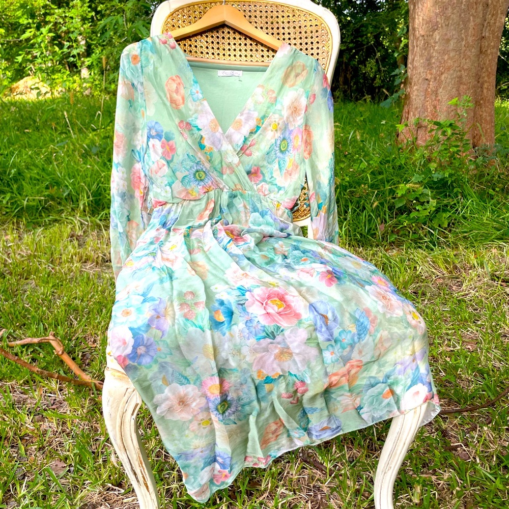 Green Ruffled Wrap Sundress with Bishop Sleeves